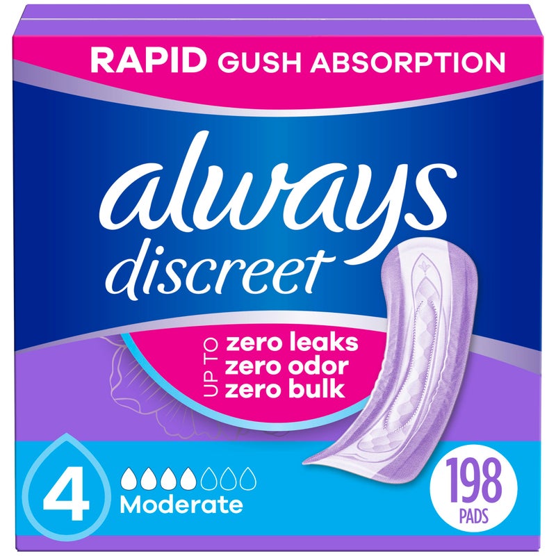 Always Discreet Adult Incontinence Pads for Women Moderate Absorbency Regular Length Postpartum Pads 198 Count 3 Packs of 66